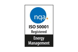 the nqa iso 50001 accreditation logo in black and blue