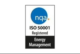 the nqa iso 50001 accreditation logo in black and blue