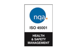 the nqa iso 45001 accreditation logo in black and blue