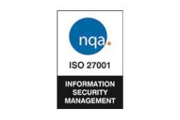 the nqa iso 27001 accreditation logo in black and blue