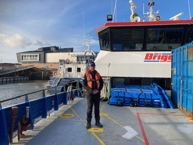 Derek Thomson, aboard the MV Forth Engineer